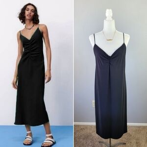 ZARA // black ruched adjustable straps midi slip dress